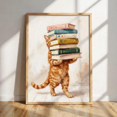 Librarian Cat Book Stack Reading Wall Art