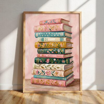 Librarian Pink Book Stack Print Wall Art